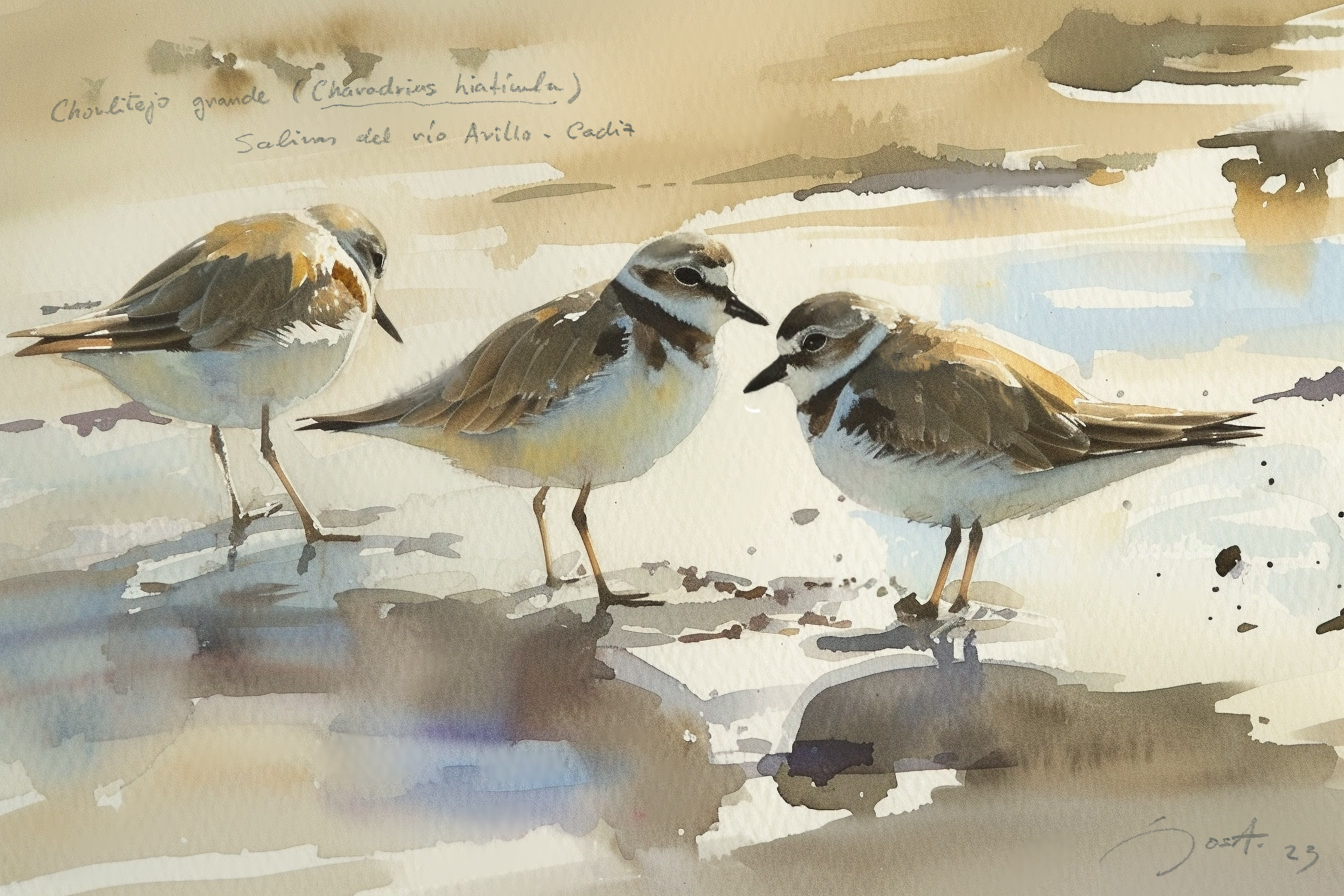 Three Ringed plovers in the salt marshes of Cadiz - Watercolour © Manuel Sosa 2023