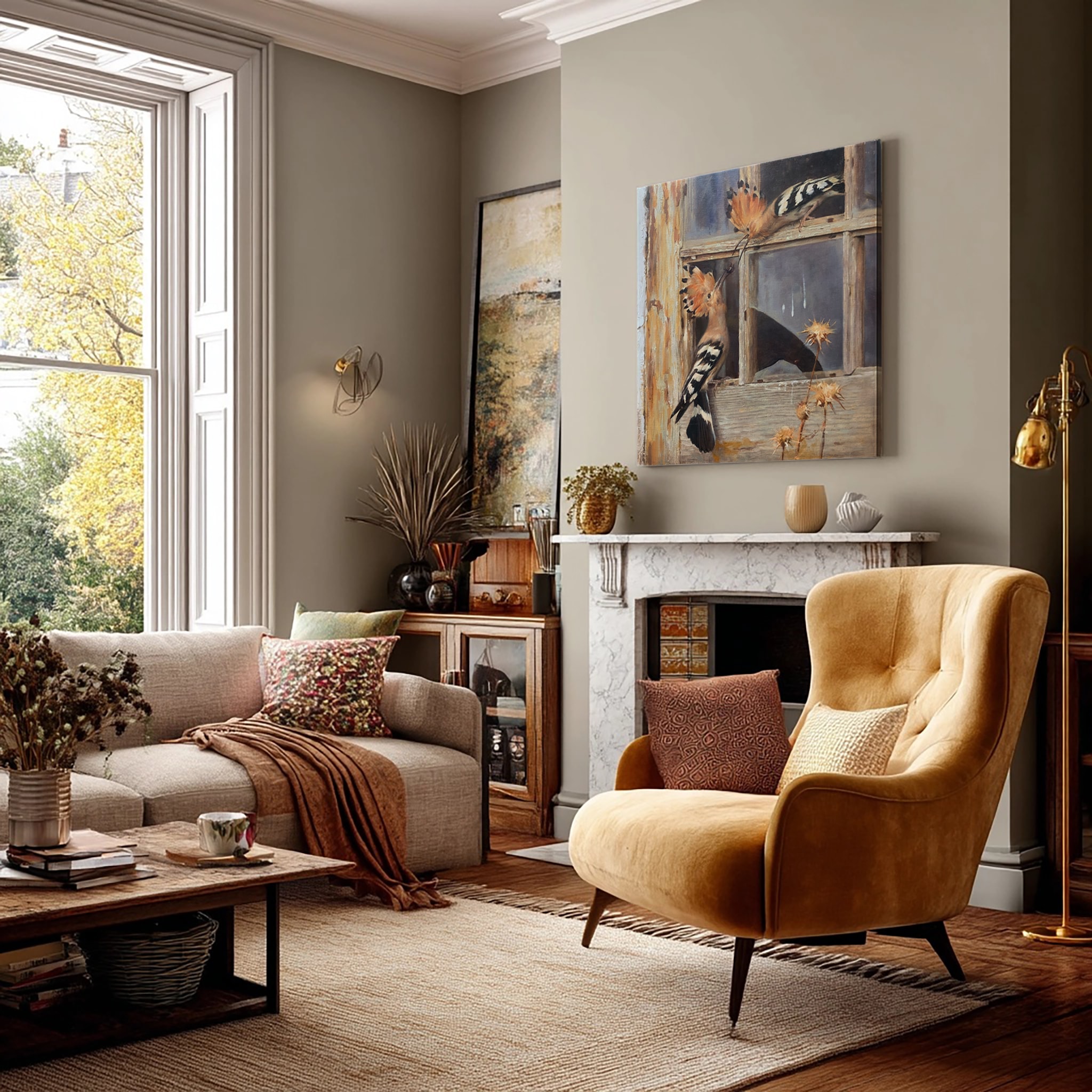 Dos abubillas en un ventanal de una casa abandonada. Cuadro al oleo de Manuel Sosa © 2024