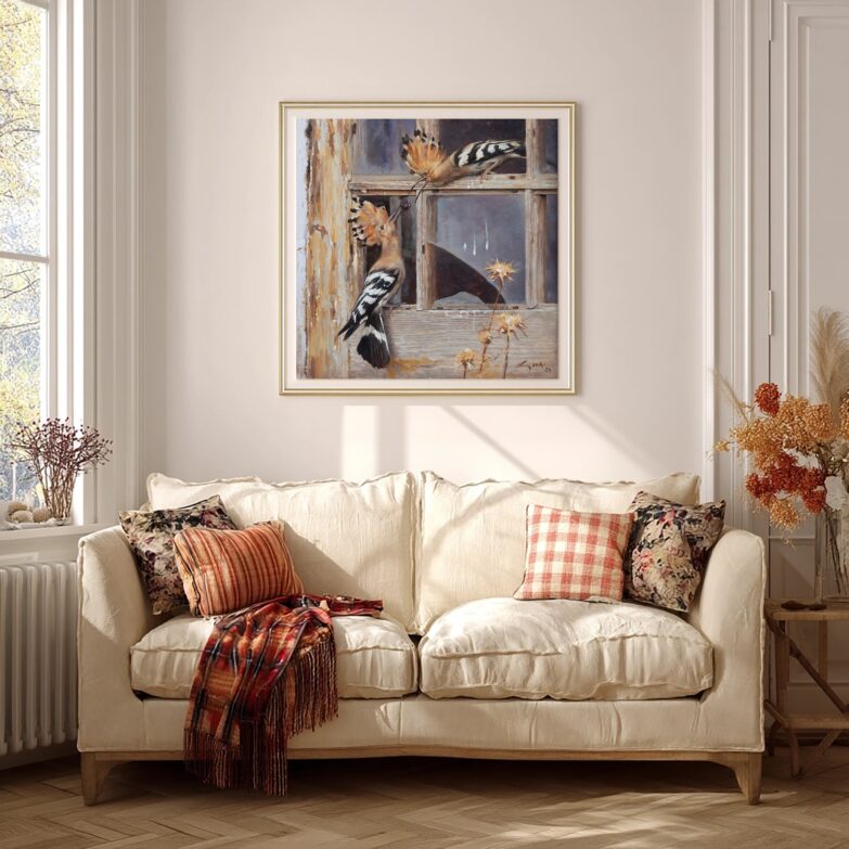 Dos abubillas en un ventanal de una casa abandonada. Cuadro al oleo de Manuel Sosa © 2024