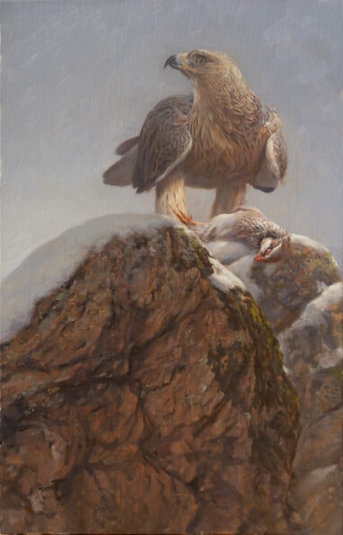 An oil painting of a Bonelli's Eagle with its usual prey, the Red-legged Partridge - Manuel Sosa © 2025