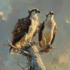 Oil painting of two ospreys getting a late sunbath