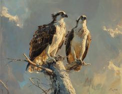 Oil painting of two ospreys getting a late sunbath