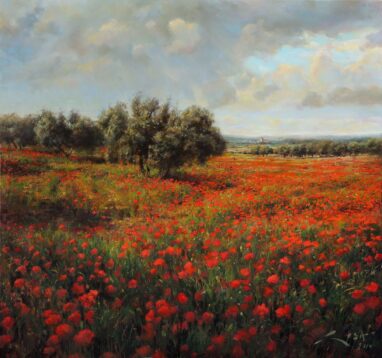 Strada per Guadalupe - campi di papaveri - pittura di papaveri