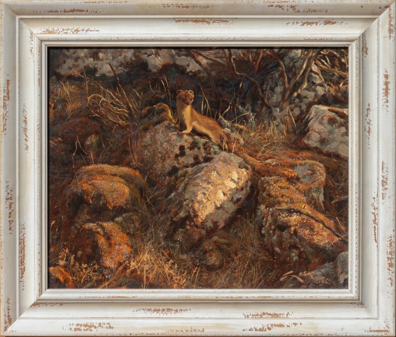 Pintura enmarcada de un armiño sobre una roca