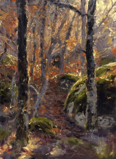 Dipinto a olio del Bosque de la Herrería a El Escorial. Dipinto del 2011. Uno dei miei schizzi di campo preferiti. Sta calando la sera e la luce di questa scena non durerà più di venti minuti, quando il sole tramonterà dietro le montagne di questo antico querceto a El Escorial. Non c'è tempo per pensare, basta dipingere, istintivamente... Olio su carta intelata. Manuel Sosa © 2011
