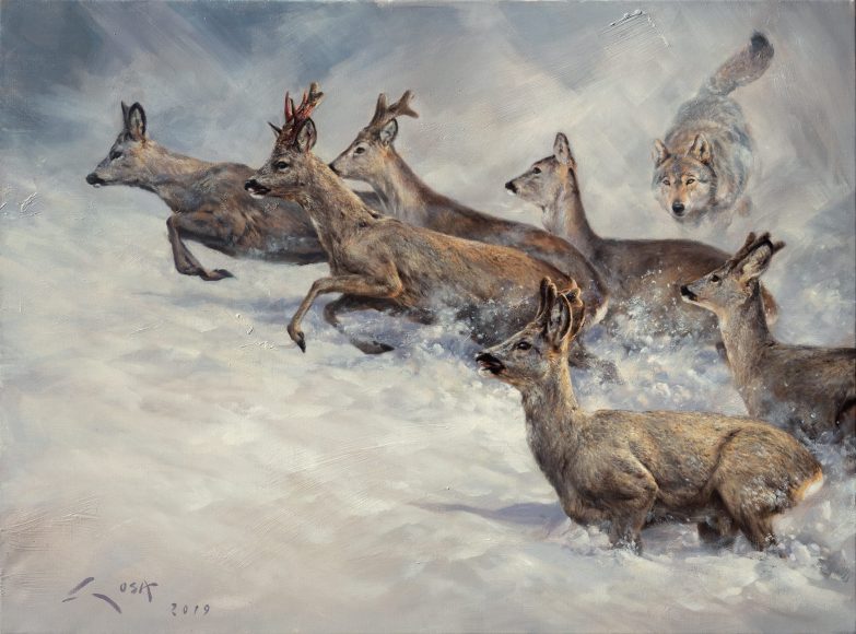 Painting of roe deer and wolves