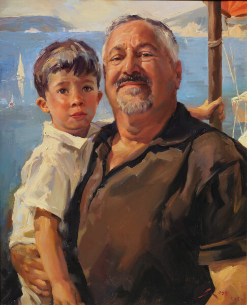 Retrato en óleo de Cristóbal Godino disfrutando de su nieto en un rincón de La Línea - Cadiz - Un retrato "alla prima" donde se aprecia mi influencia del maestro Sorolla - óleo sobre lienzo © Manuel Sosa 2024