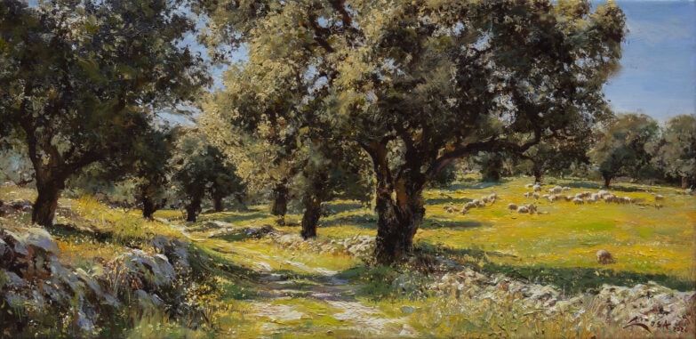 Pintura de encinas y ovejas en un campo dehesa extremeño soleado.