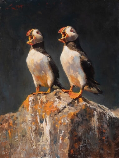 Oil painting of two puffins