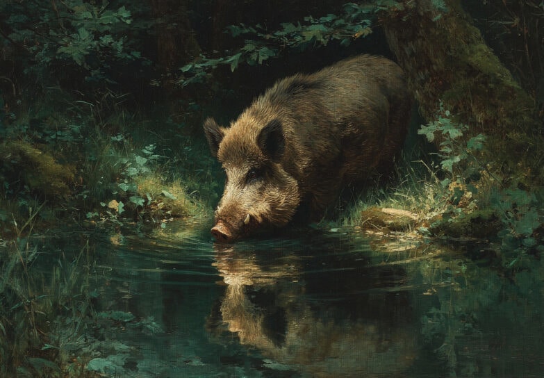 Peinture à l'huile d'un sanglier s'abreuvant à une source dans la forêt
