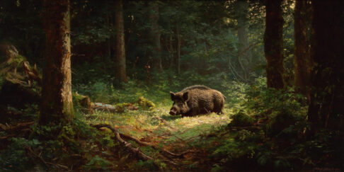 Ölgemälde eines auf einer Waldlichtung gefangenen Wildschweins