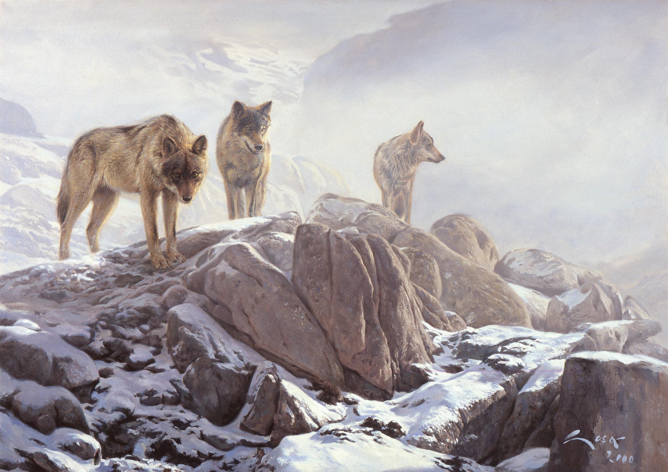 Painting of three wolves. Wolf painting
