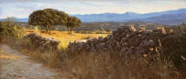 Muro e lecci I campi di El Boalo, ai piedi del Guadarrama. Una bella campagna che è servita da ispirazione per i miei primi dipinti a olio. Olio su tavola. Manuel Sosa © 1999