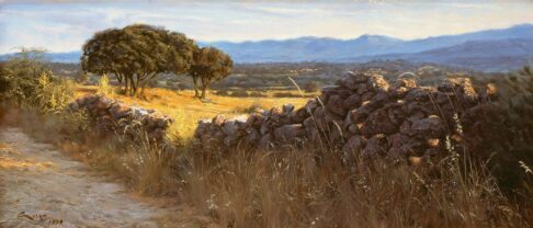 Muro y encinas Los campos de El Boalo, en la falda de Guadarrama. Una campiña bellísima que sirvió de inspiración a mis primeros óleos. Oil on panel. Manuel Sosa © 1999