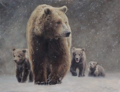 Oso pardo y crías - pintura