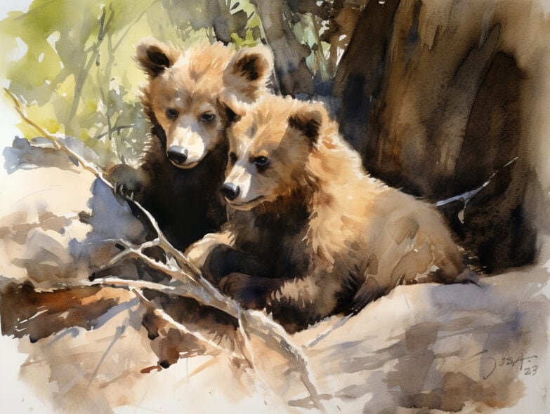 cuccioli di orso. Orso bruno. Acquerello di Manuel Sosa © 2023
