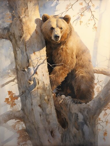 Acuarela de un oso pardo trepando un arbol