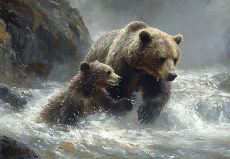 Un osos pardo y su cría cruzando el rio Saja