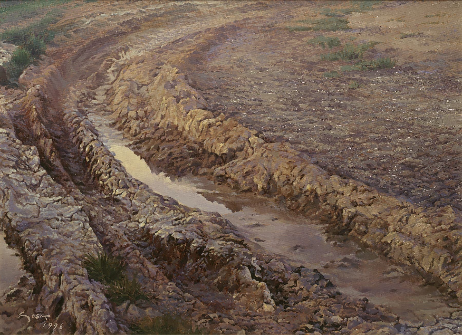 Landscape painting. Footprints in the mud on a path