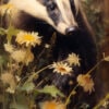 A Badger among flowers. Oil painting by Manuel Sosa