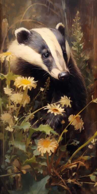 Un Tejón entre flores. Pintura al óleo de Manuel Sosa
