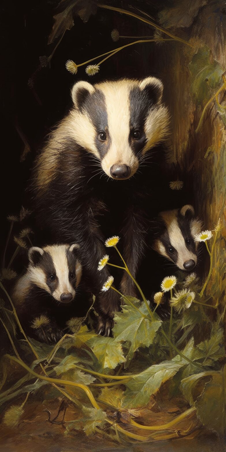 Un Tejón con dos crías. Pintura al óleo de Manuel Sosa