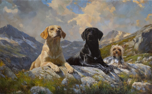 Retrato de dos perros labradores y un Yorkshire