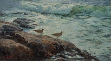 Painting of Dos Zarapitos on a rocky coast of Cádiz