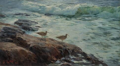 Painting of Dos Zarapitos on a rocky coast of Cádiz